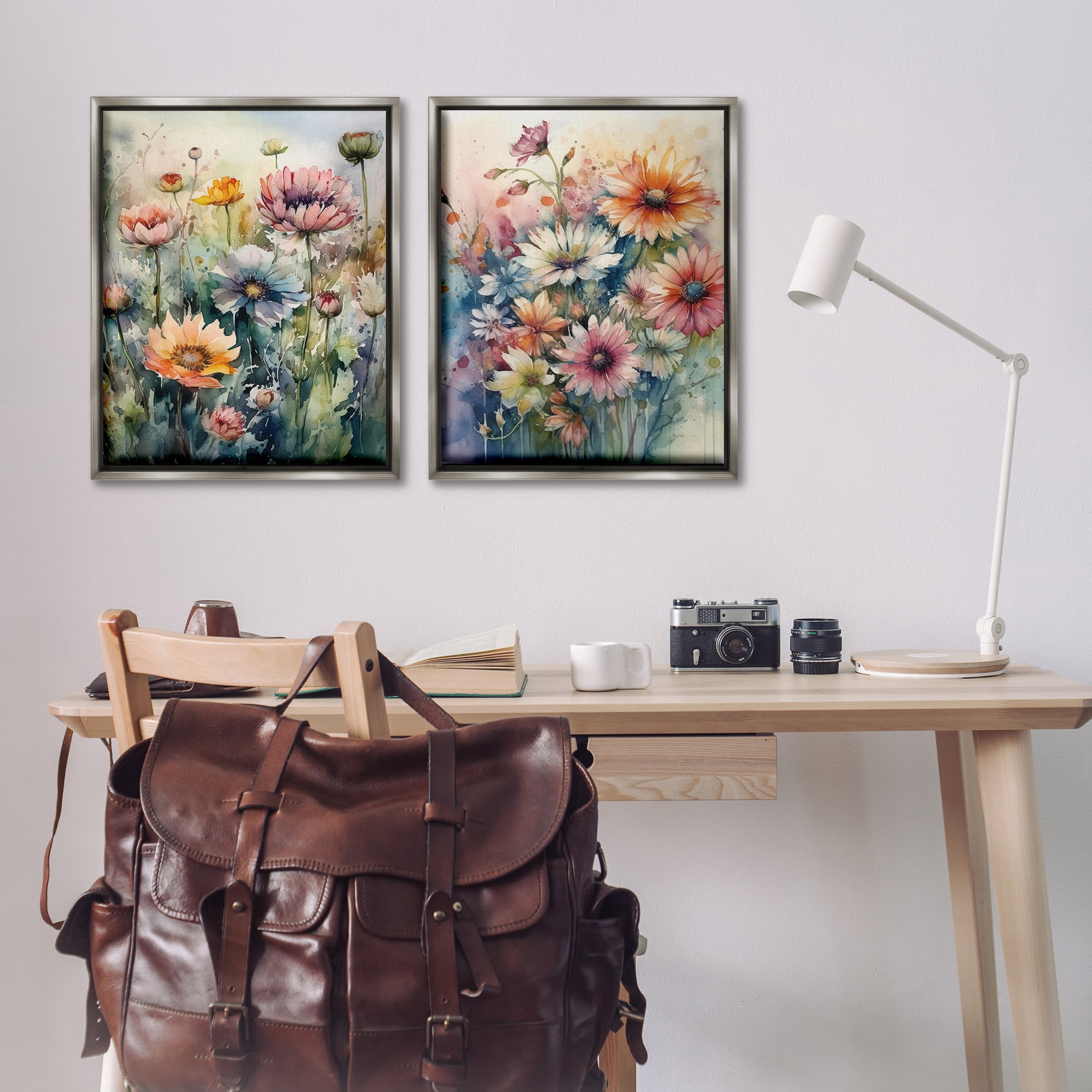 Stupell Industries Watercolor Daisy Field Flowers Plants & Flowers Painting Gray Floater Framed Canvas Art Print Wall Art, 31 x 25, Set of 2