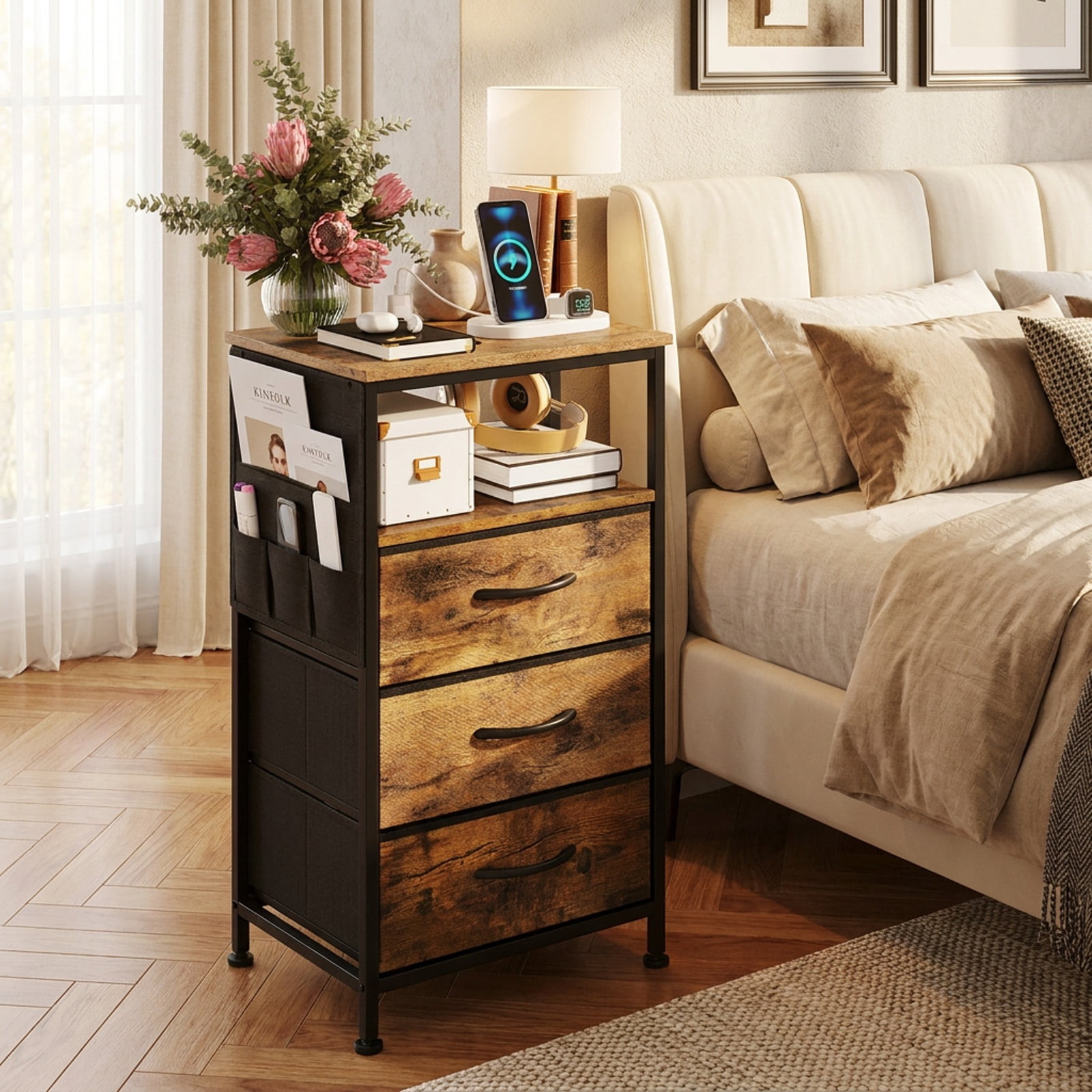 Furnibear Nightstand with Charging Station 27.5 inch Modern Bedside Table with 3 Fabric Drawers for Bedroom Living Room Bedside Sofa, Rustic Brown