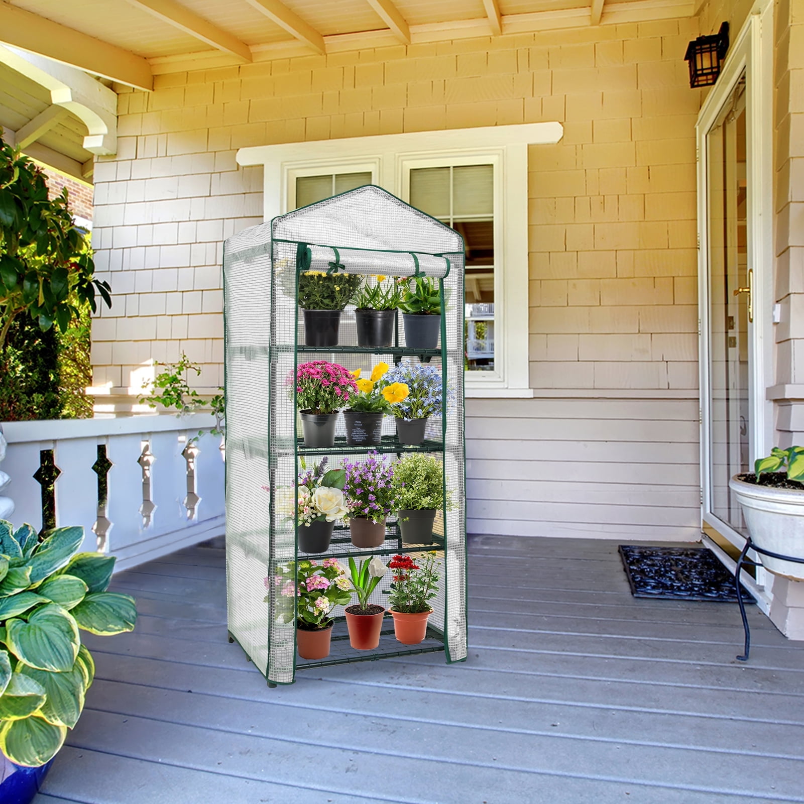 EAGLE PEAK Mini Greenhouse with Wire Shelves, Portable Green House with Roll-Up Zipper Door, 4 Tier, Clear/White PE Cover