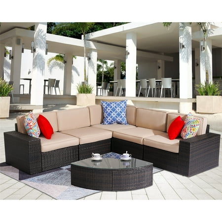 Superjoe 6 Pcs Outdoor Patio Furniture Set All-Weather Wicker Outdoor Sectional Rattan Sofa with Coffee Table Brown