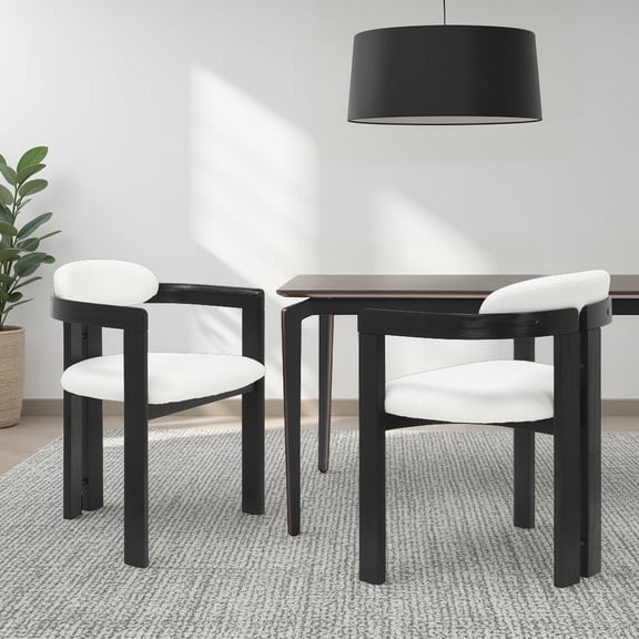 Jazmin White Curved Back Wood Dining Chair with Boucle Fabric Seat Set of 2