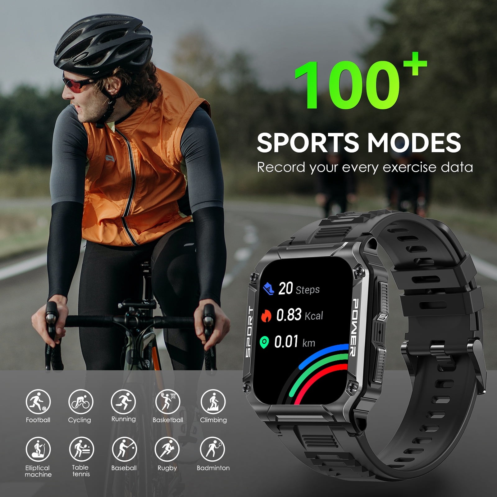 Jelloo Military Smart Watches for Men (Make/Answer Call), 1.95'' Large HD Outdoor Sport Fitness Tracker, Rugged Watch with Compass Smartwatch, for iPhone Android Samsung