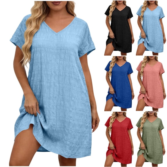 Women's Summer Dresses Fashion Plus Size Solid Short Sleeved V-Neck Dress Beach Vacation Outfits