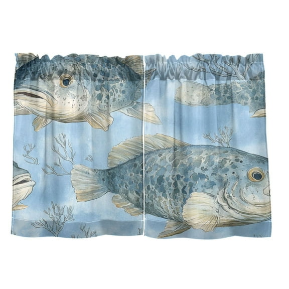 Gray Fish Pattern 27"x24" Linen Look Cafe Curtain Set with Privacy and UV Protection