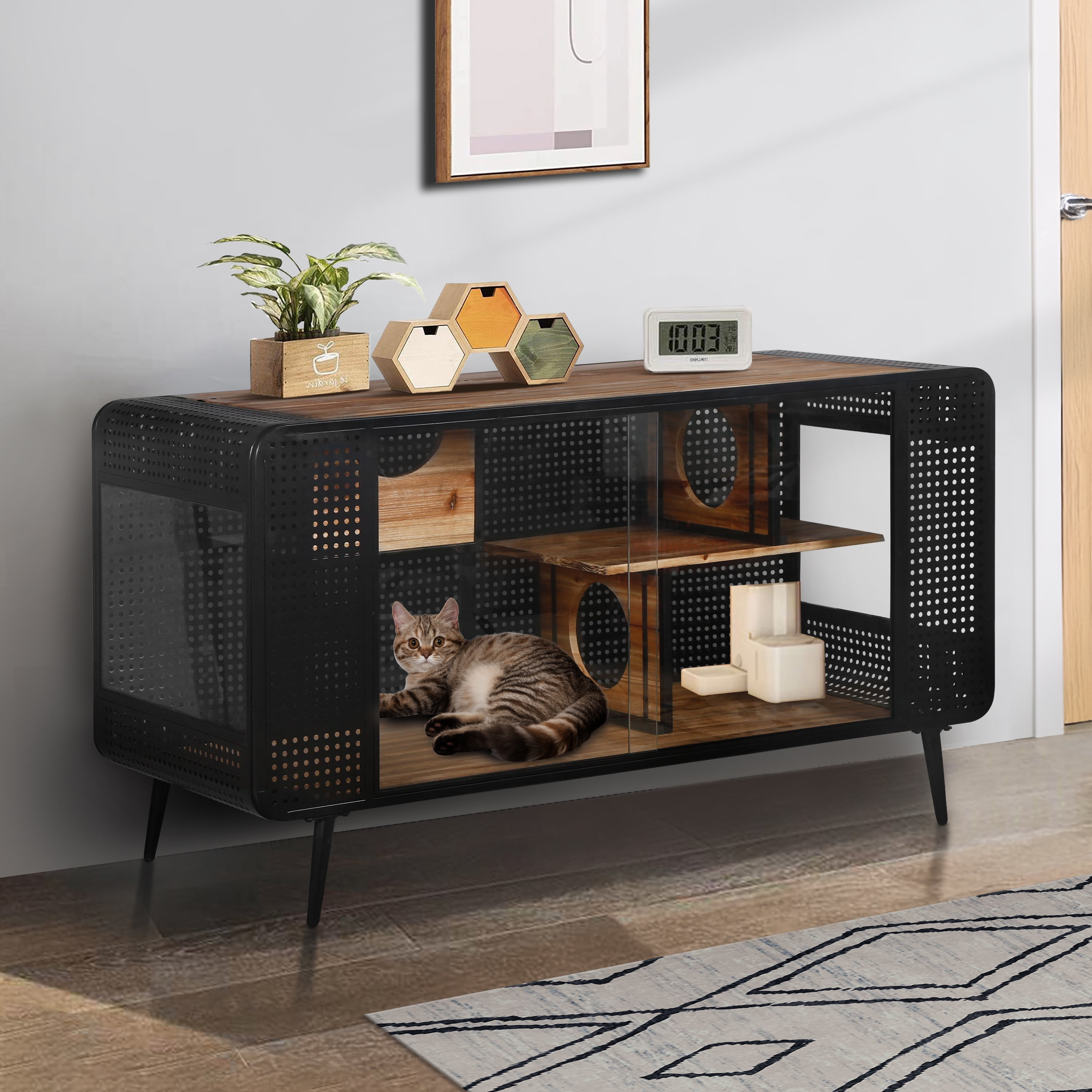 ZephyPaws Cat Litter Box Enclosure,Spacious Side Table Cat House with Tempered Glass,Hidden Litter Box Furniture for Indoor Cat,Large Enclosed Litter Box House,Black+Brown