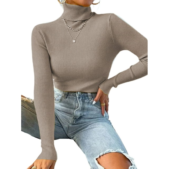 UKAP Women Knit Shirts Turtleneck Pullover Long Sleeve Tops Basic Work Sweater Khaki L
