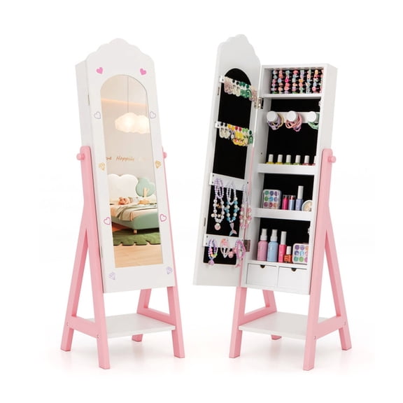 Furnibear Kids Jewelry Organizer Armoire with Full-Length Mirror Drawers and Storage Shelves for Bedroom, White