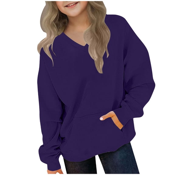 Hoodies for Boy Pockets Teens V Neck Sweatshirt No Hood Thin Fleece Sweatshirts Child Long Sleeve Soft Pullover Sweatshirts with Pockets Girls Fitted Tshirt Purple 5Y