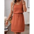 thumbnail image 5 of Women'S Waffle Knit Belted Tank High Waisted Dresses Square Neck Sleeveless Summer Short Dress Caramel Color S, 5 of 9
