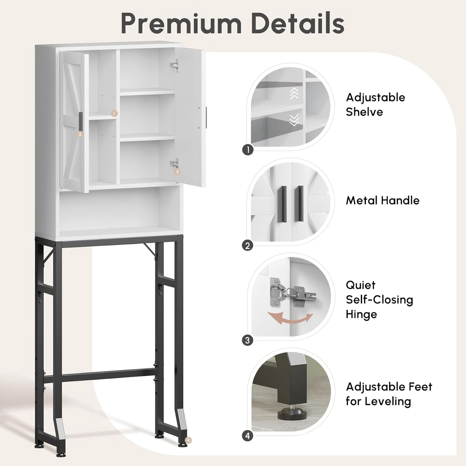 Fil-fresh Over The Toilet Storage Cabinet, Bathroom Organizers and Storage with Barn Doors, Thicken Metal Stand & MDF Wood Above Toilet Storage Cabinet, Freestanding Space Saver, White