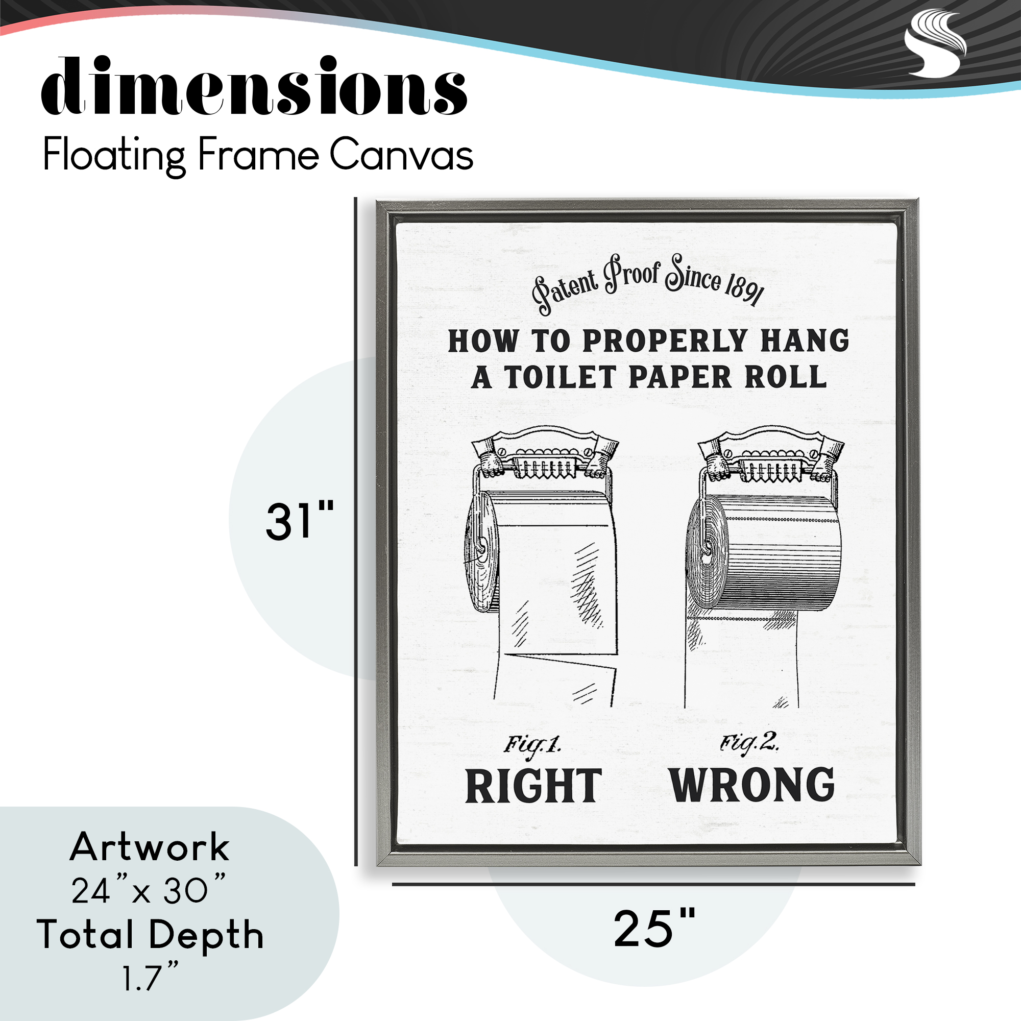 Right & Wrong Toilet Roll Gray Framed Floater Canvas Wall Art, design by Lettered and Lined