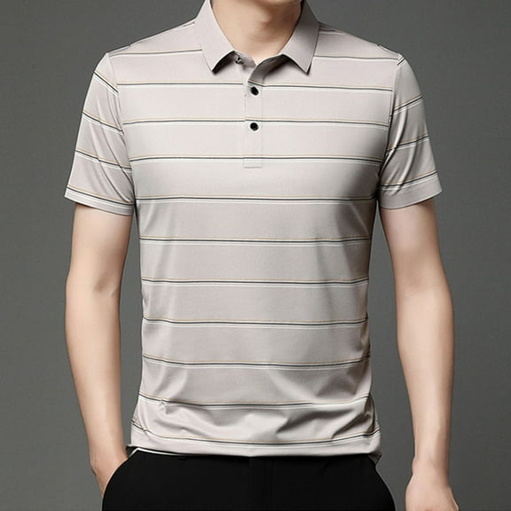 POTETI Mens Polo Shirt Casual Short Sleeve Collared Shirts Summer Striped Loose Tops