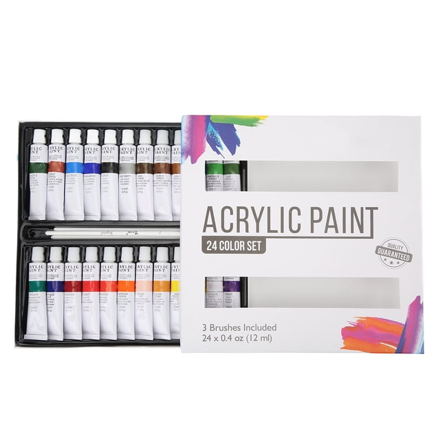 acrylic paint pigment, 12ml 24 colors long lasting nontoxic acrylic paint set for acrylic painting set de 24 tubos acrílicos de 12 ml con 3 pinceles; estuche abierto en vista frontal que muestra dos filas de tubos con etiquetas blancas y colores vivos y caja blanca con ventana y texto impreso.