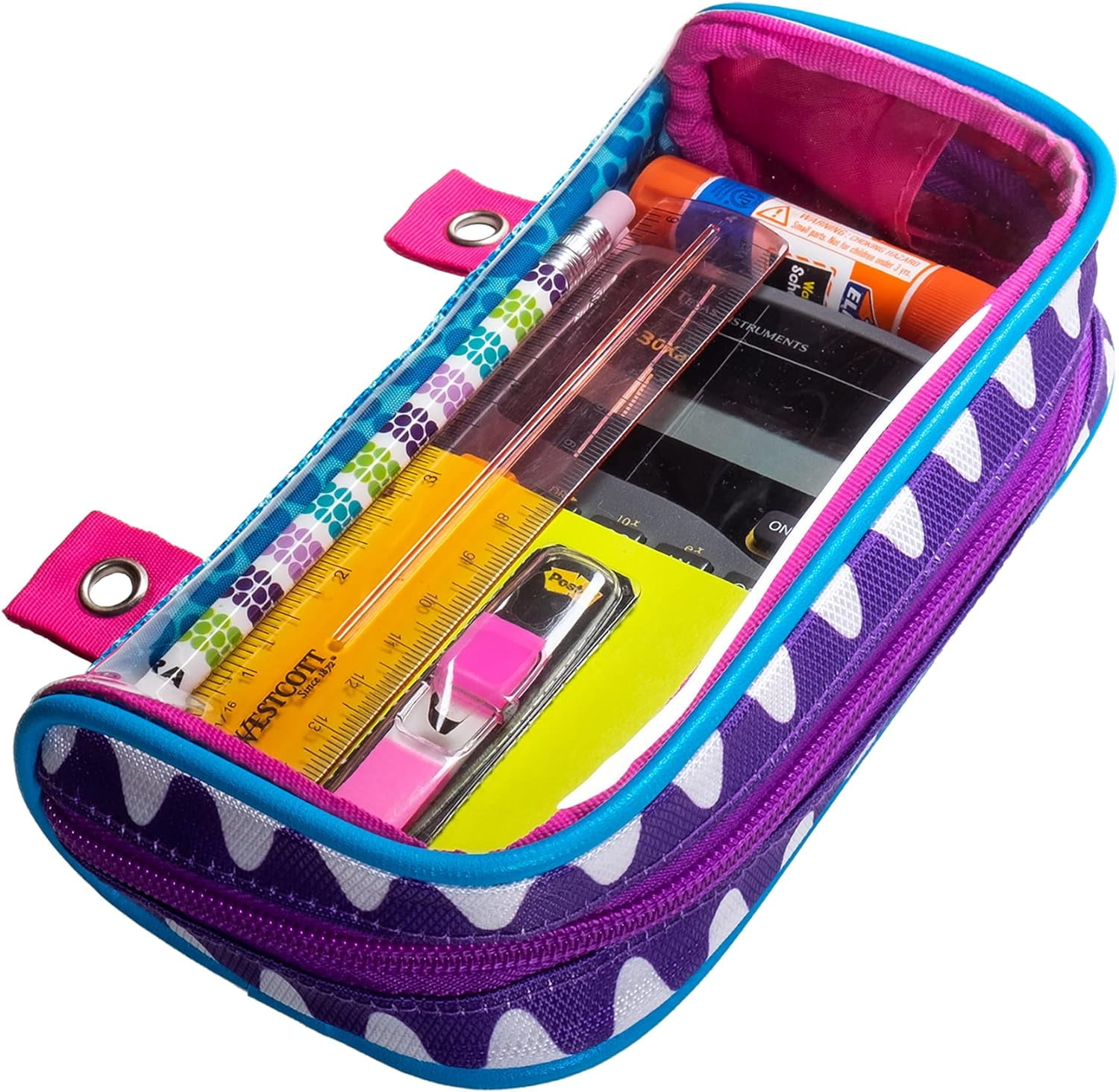 Case-it PLP-150-CLR-ME Monster Eye Clear Window Zipper Pencil Case with Grommets, 2 x 4 x 8.3 Inches, Magenta