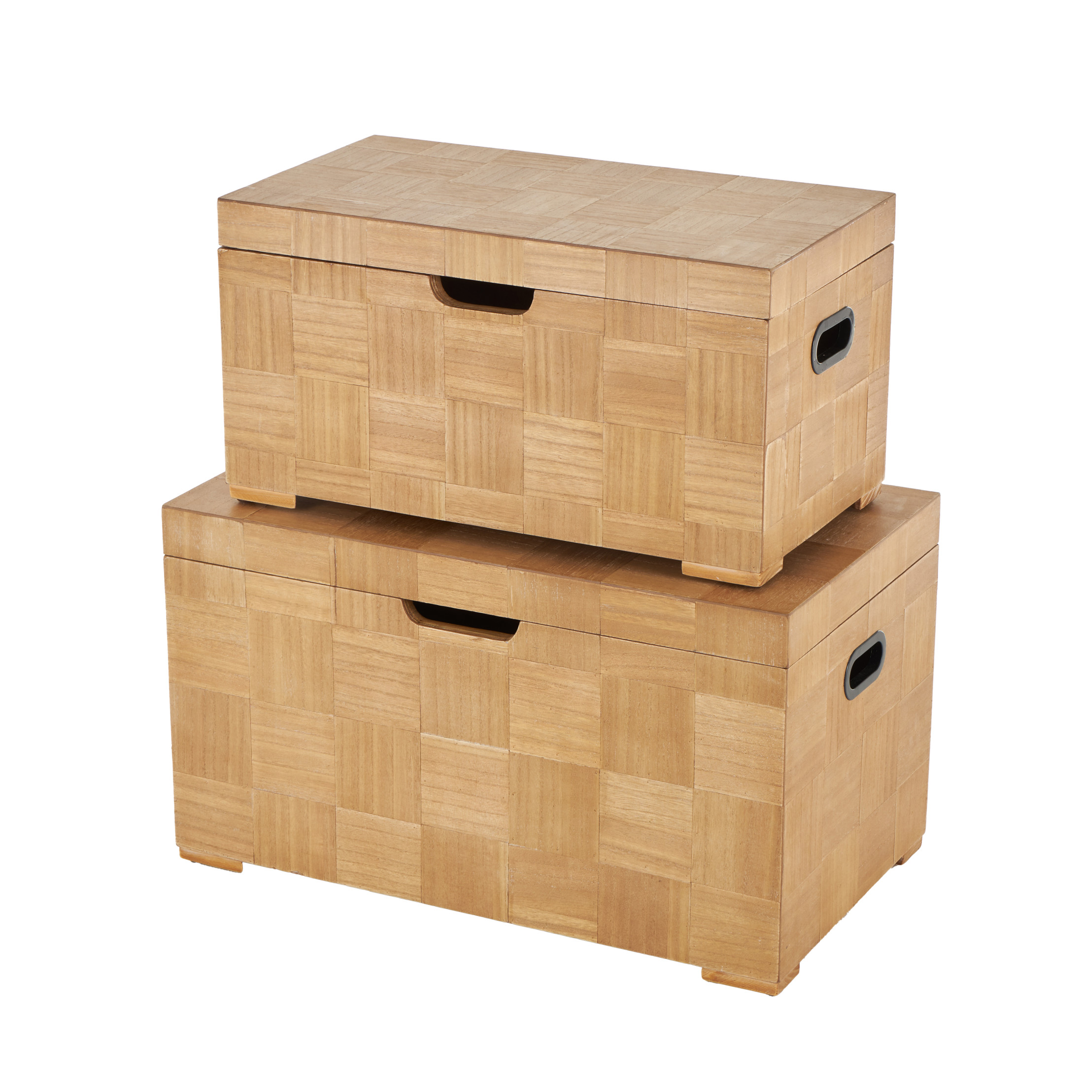 DecMode 28" x 16" Brown Wood Handmade Trunk with Black Metal Accents and Square Patterns, 2-Pieces