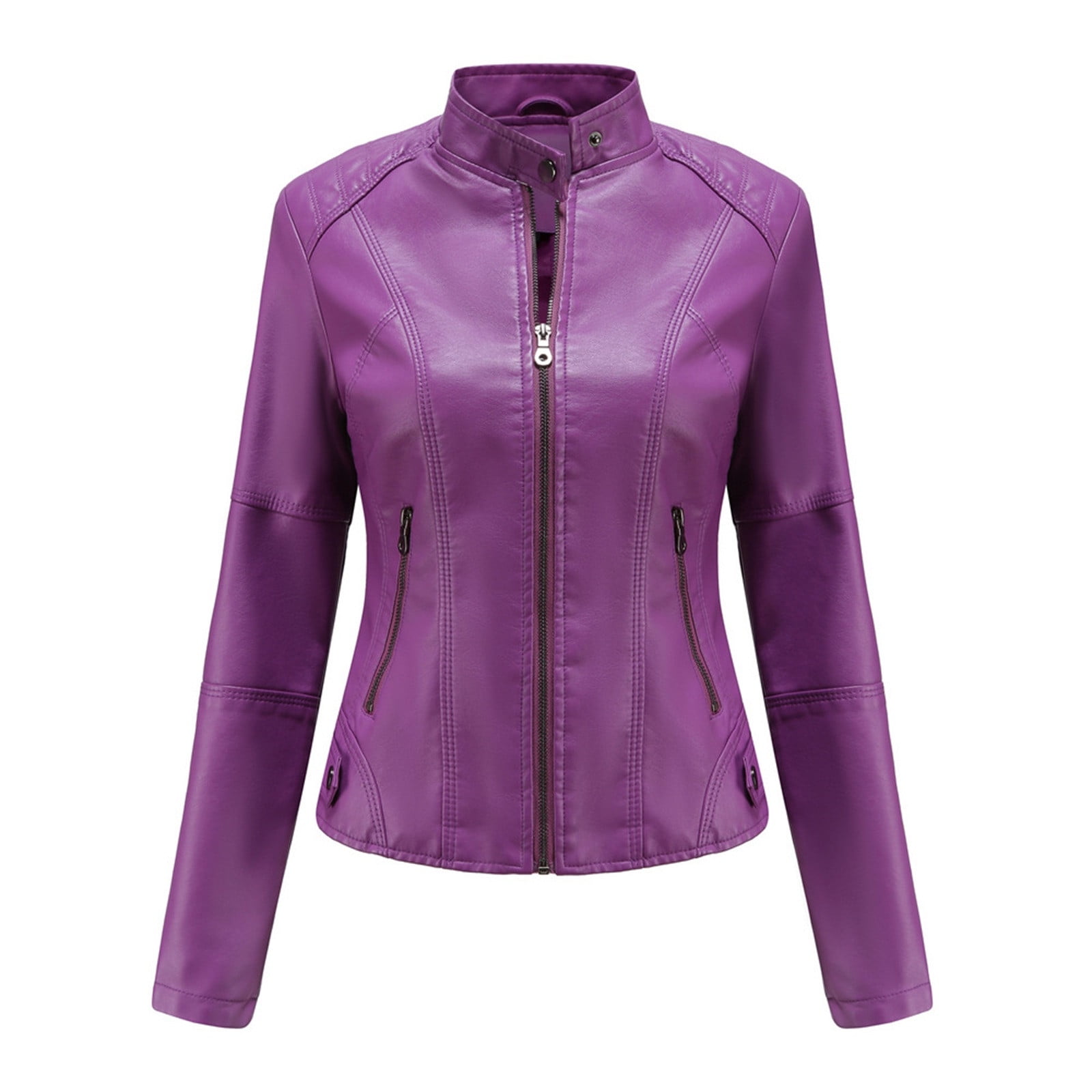 Faux Leather Cropped Jacket Full Zip up Long Sleeve Slim Fit Motorcycle Short Jacket for Women Crop Moto Coat (Large, Purple 01)
