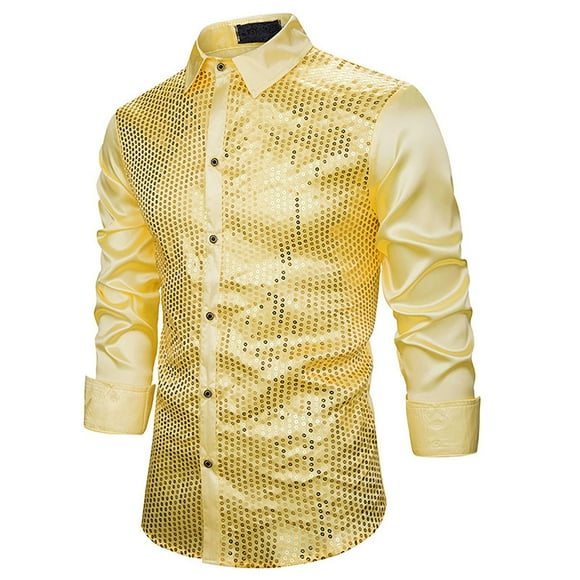 AherBiu Men's 70s Button down Shirts Long Sleeve Sequin Slim Fitted Lapel Collar Tops Fashion Retro Party Tees Top