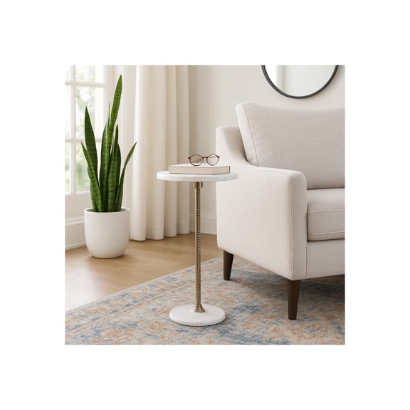 Contemporary End and Side Table with Marble Top for Home Decor - Small Table Stand for Bedside, Bedroom Decor, or Drink Table - Living Room Decor Perfect for Small Spaces or Night Stand - 26", White