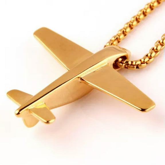 Polished Gold Black Stainless Steel Mens Airplane Model Pendant Necklace Chain