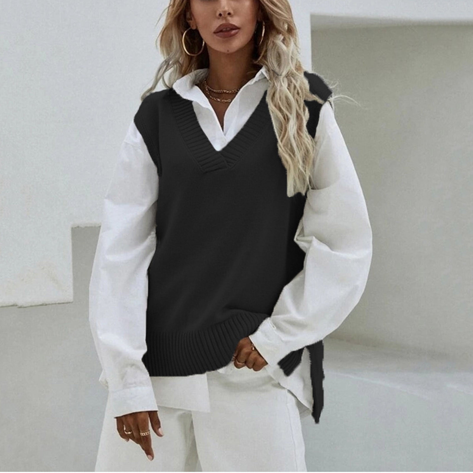 Sweater Vest Womens Sleeveless Sweater V Neck Knit Sweater Vest Solid