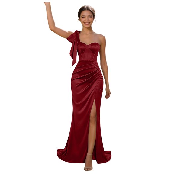 RFQWOVSR Womens Satin Side Slit Maxi Dress Bodycon Elegant Evening Formal Gown L