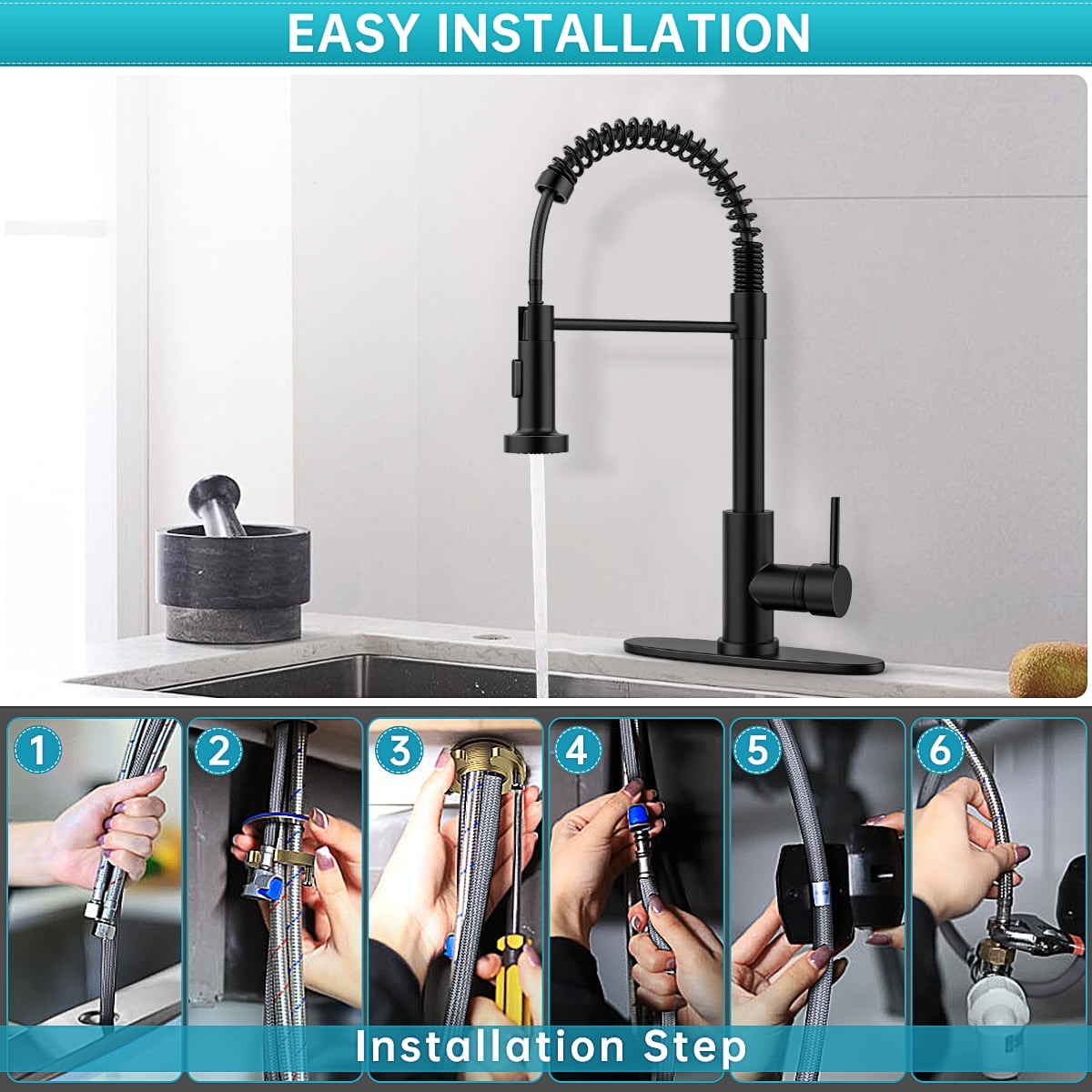 Kitchen Faucet w/ Pull Down Sprayer, High Arc Spring Kitchen Sink Faucet, Modern rv Single Handle Water faucets with Deck Plate&Water Lines, Dual Function for Bar/Laundry/Utility Sink(Matte Black)