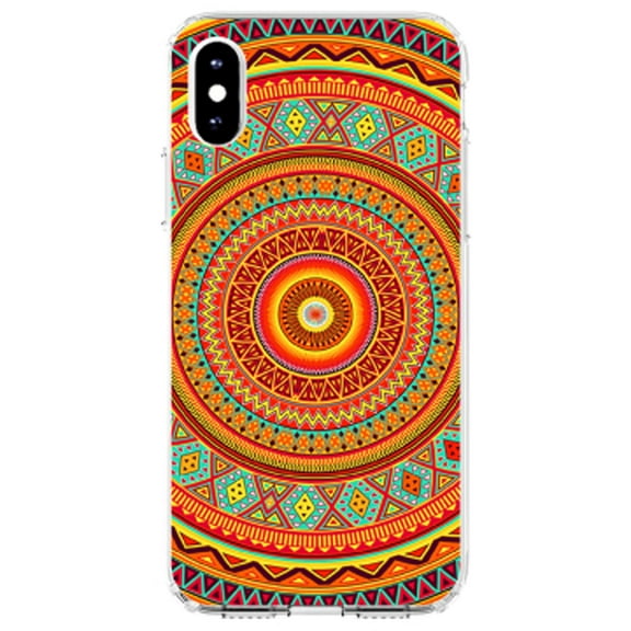 DistinctInk Clear Shockproof Hybrid Case for iPhone X / XS (5.8" Screen) - TPU Bumper, Acrylic Back, Tempered Glass Screen Protector - Orange Teal Yellow Tribal Print
