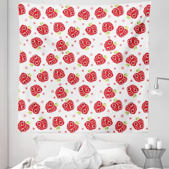 Fruits Tapestry, Geometric Shapes Patterned Apples Curves and Circles on Dotted Background, Fabric Wall Hanging Decor for Bedroom Living Room Dorm, 5 Sizes, Blush Red Apple Green, by Ambesonne