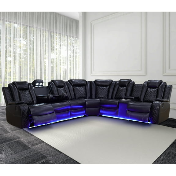 Recliner Sofa Sectional Couches with LED Light for Living Room,Leather Reclining Corner Sectional Sofa with 2 Recliner Seats,Cup Holder,Storage Console for House/Home Theater, Black