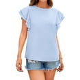 thumbnail image 4 of Tops de manga corta para mujer, cuello redondo, camisas casuales sólidas, blusa con volantes Pompotops hfajkhk129287, 4 of 9