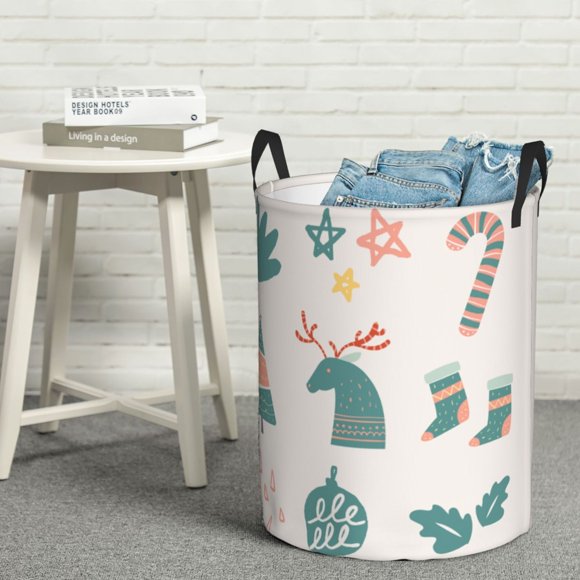 YFYANG Waterproof Laundry Hamper, Christmas Elements Pattern Laundry Basket Oxford Fabric with Handle Foldable, S