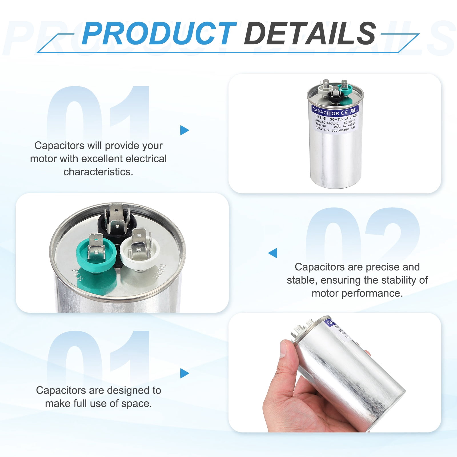 Uxcell 50+7.5MFD CBB65 Run Start Capacitor 50+7.5uF, 370/440V Round AC Capacitor for AC Motor Run, HVAC, Air Conditioner, Condenser Motors