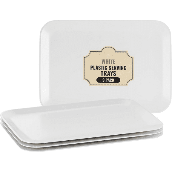 3 Pack White Plastic Serving Trays for Party - Rectangular, 8 by 11 in, Heavy Duty Dessert Trays for Food