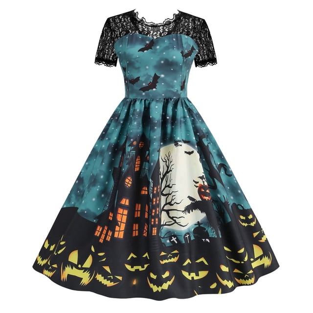Dsscvnef Robe de Cour pour Femmes Halloween Dentelle Col Rond Manches Courtes Imprimée Grande Robe Accessoires Enfants Manuscrits Illuminés