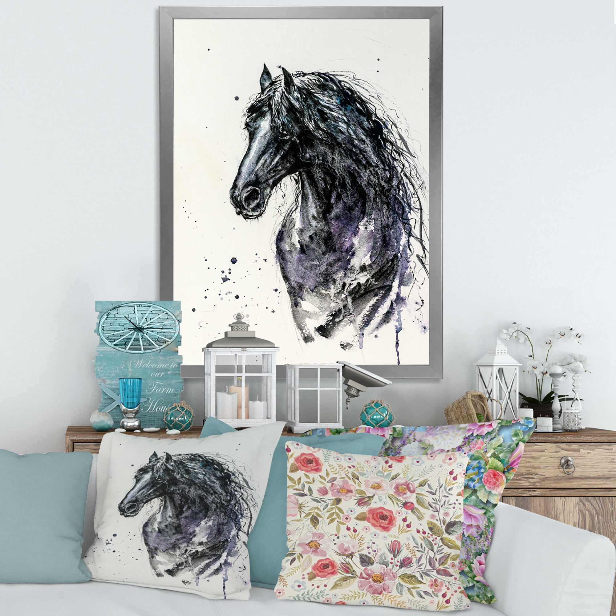 Designart 'Close Up of Friesian Horse With Long Manes' Farmhouse Framed Art Print