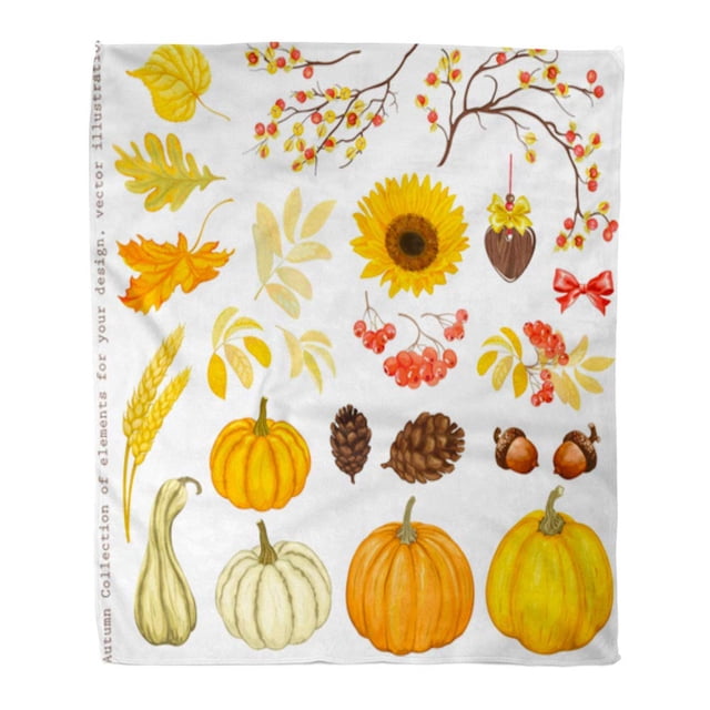 JSDART Couverture en Flanelle Imprimée Chaude et Confortable Collection Automne de Citrouilles Tournesol Feuilles Cônes Glands Oreilles Branches Rowan Confortable Douce pour Lit Canapé et Sofa 50x60 Pouces
