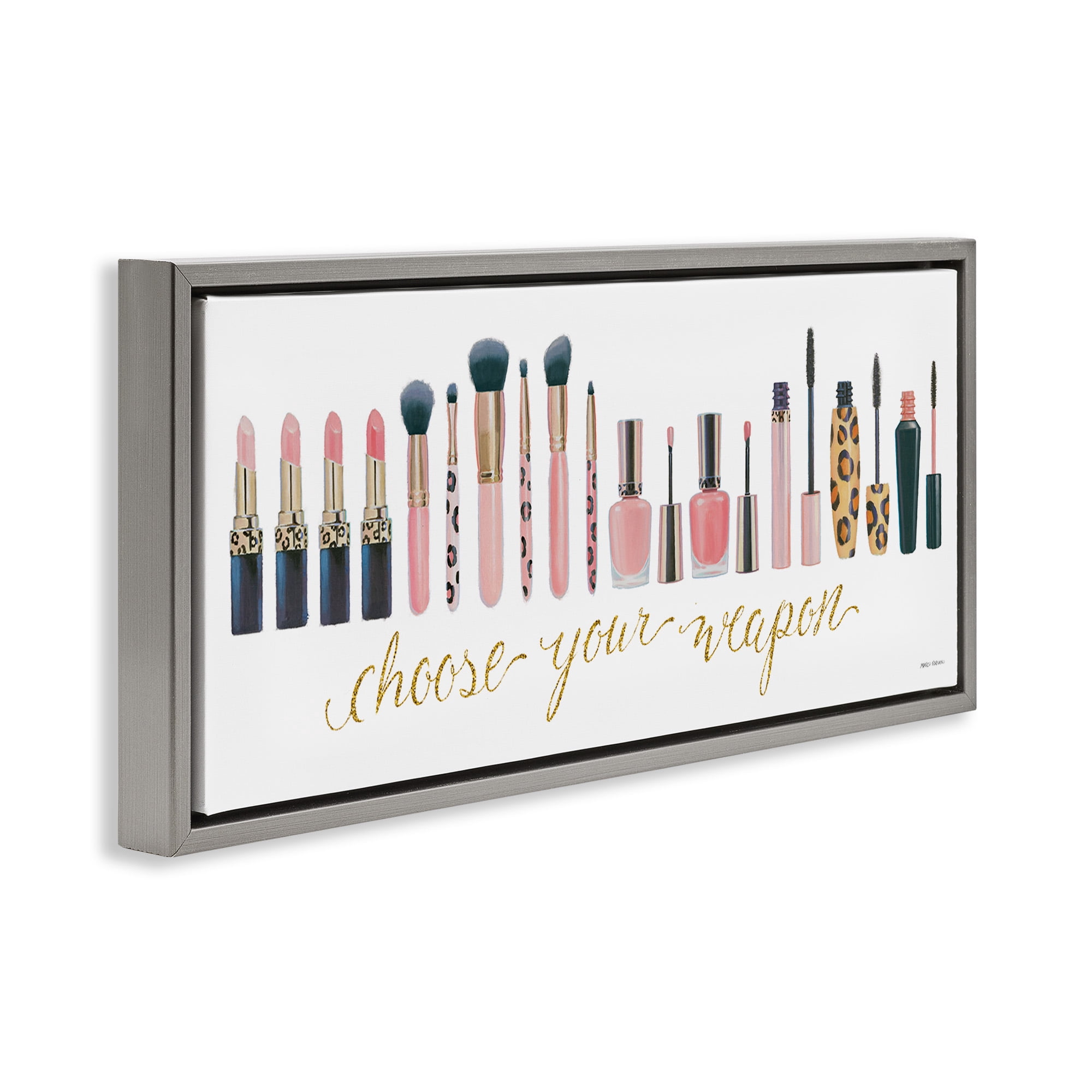 Stupell Industries Choose Your Weapon Glam Makeup Typography Painting Gray Floater Framed Canvas Art Print Wall Art, 31 x 14