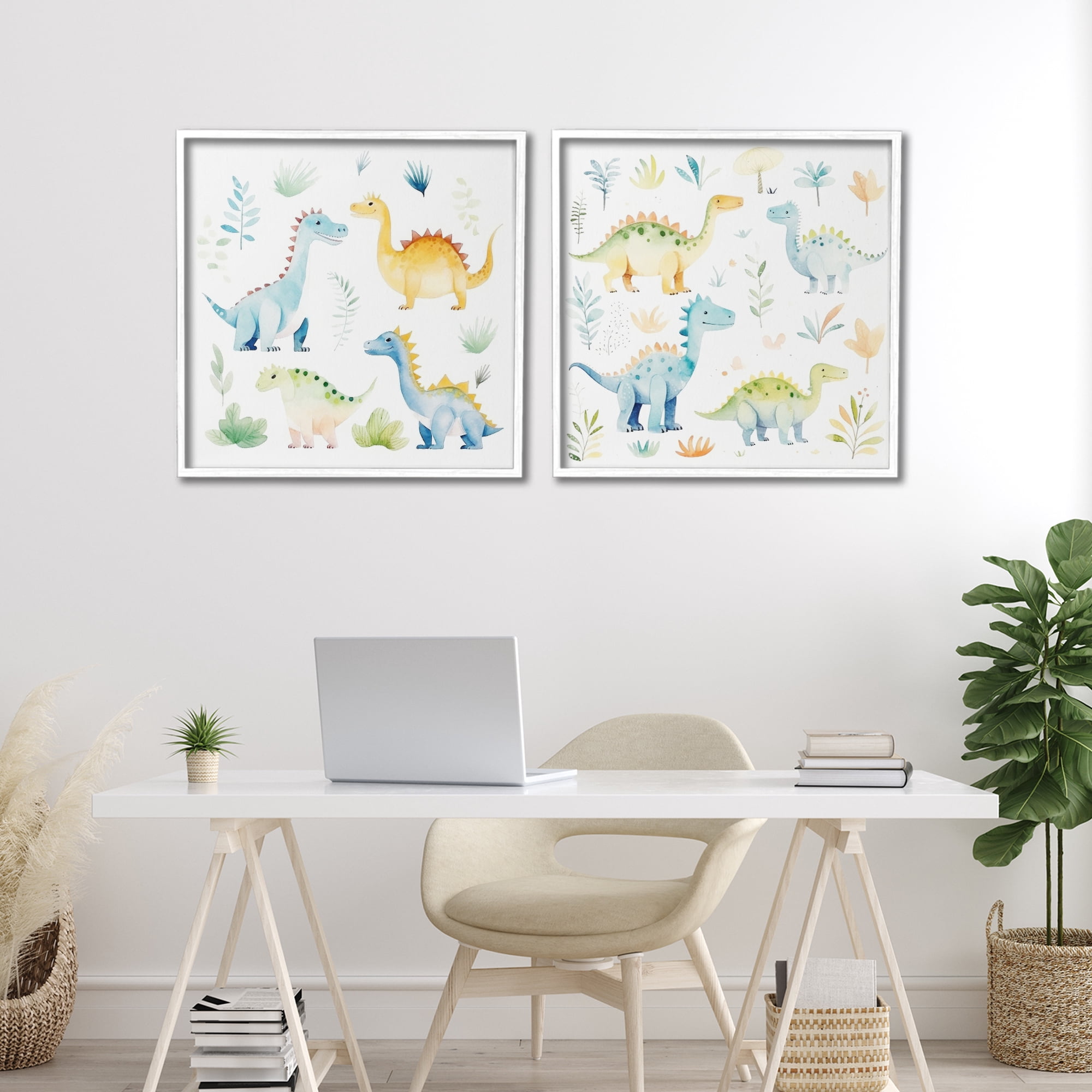 Stupell Industries Playful Dinosaur Wonders 2 Piece White Framed Giclee Art Set, design by Lazar Studio