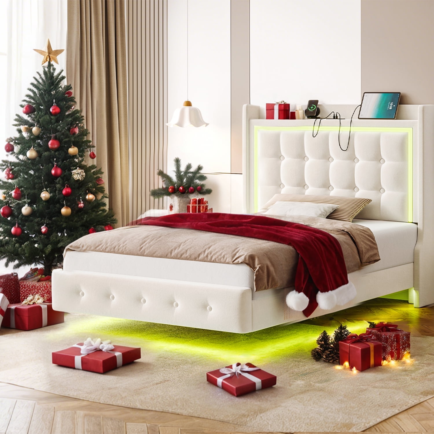 Homfa Twin Size Floating Bed Frame with RGB LED Lights Charging Station, Modern Velvet Upholstered Platform Bed Frame with Storage Headboard, Off-White