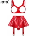 thumbnail image 2 of Conjunto de sujetador de copa abierta para mujer, Top Sexy con liguero, falda acampanada y tangas integradas, conjunto de lencería erótica de charol con aspecto húmedo, 2 of 5