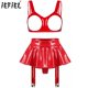 thumbnail image 2 of Conjunto de sujetador de copa abierta para mujer, Top Sexy con liguero, falda acampanada y tangas integradas, conjunto de lencería erótica de charol con aspecto húmedo, 2 of 5