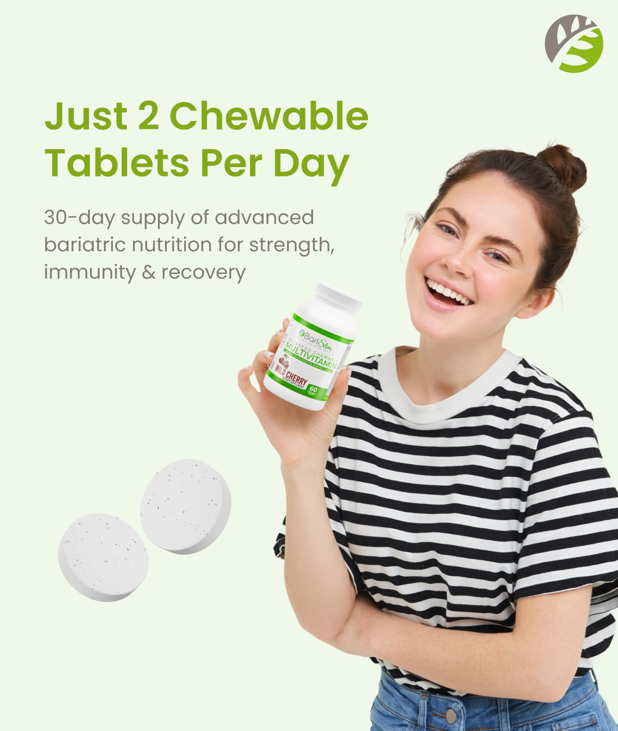 BariSlim Chewable Multivitamin Tablets with Iron, Energy, Immune & Nutrient Deficiency Support,  Wild Cherry, 60 Count, Adult