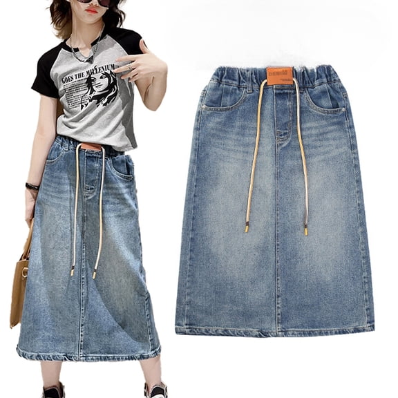 LYMAYTER ‌Girls Trendy A Line Denim Skirt Long Maxi Pull Drawstring Stretchy Jean Pockets Young Women‌ 5-14Y