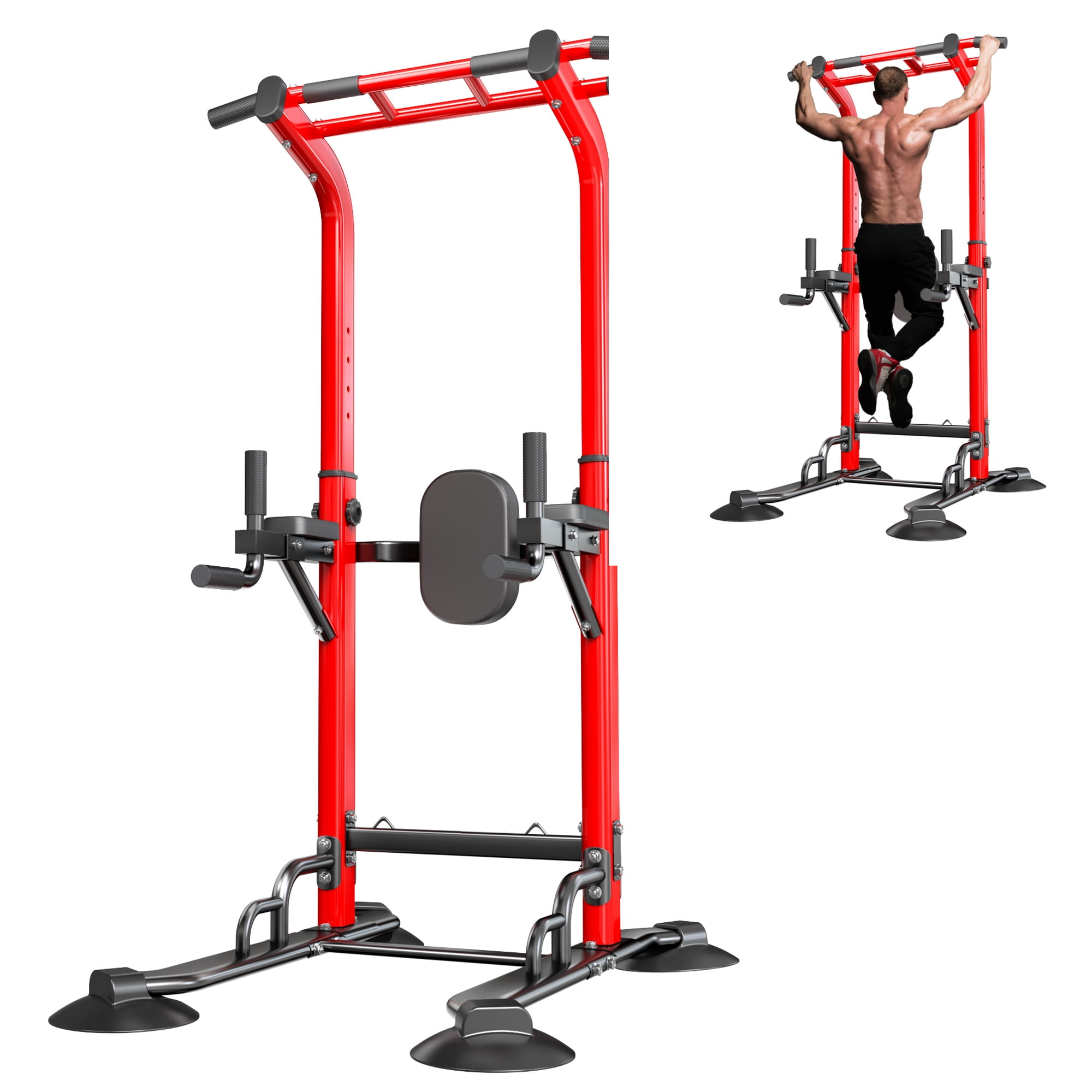 SogesPower 94.5"H Power Tower Pull Up Bar Station with Bands, 12 Adjustable Height Pull Up Bar Stand for Home Gym, Multi-Function Pull Up Dip Station Strength Training Fitness Equipment, 330LBS, Red