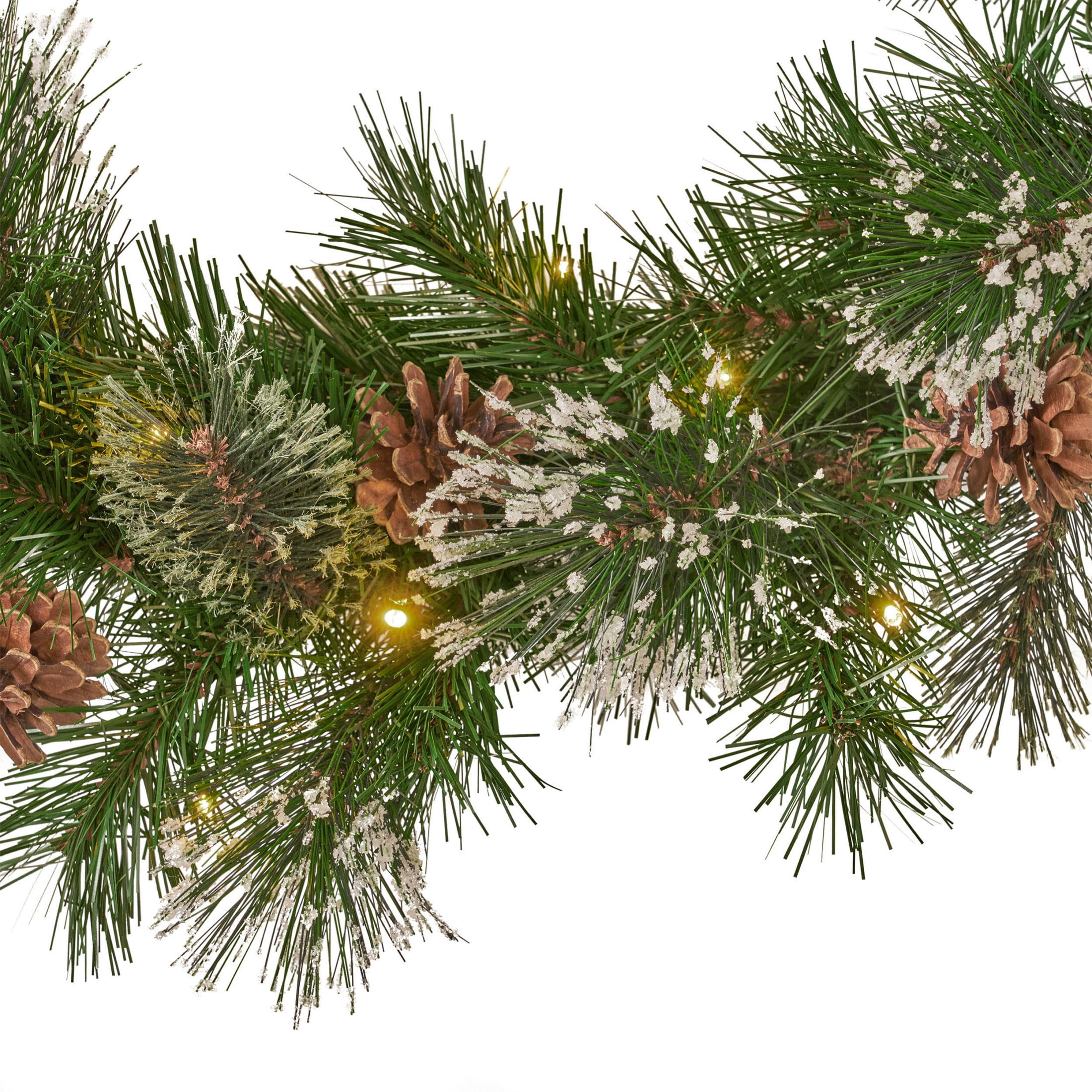 9’X10’’ Cashmere and Snow Bristle Garland with 20 Pine Cones and with 50 Warm White LED Lights with Timer-Battery Operated-Outdoor，160 Tips, Green