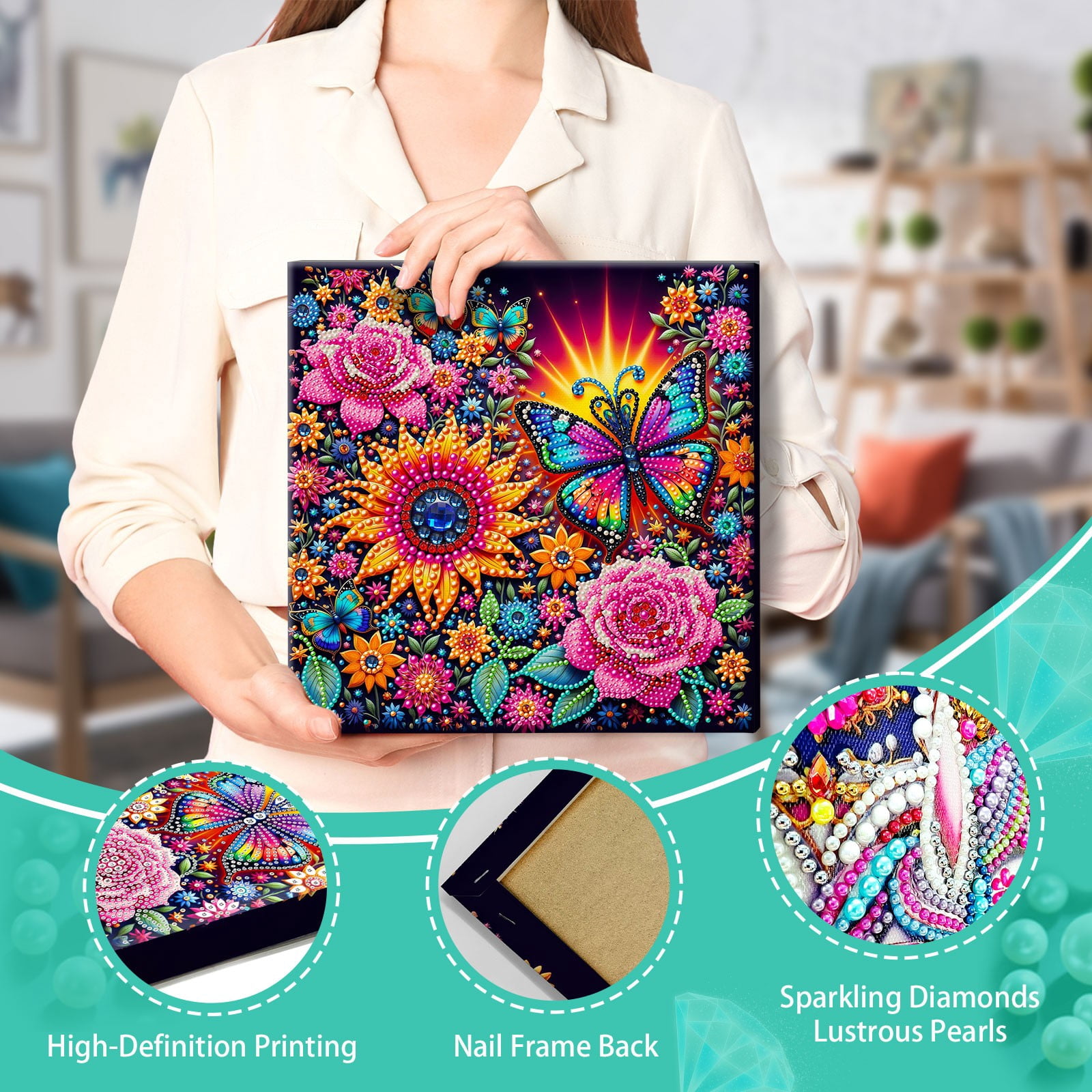 FLOPESN DIY Pearl Painting Kit with Wood Frame, 11.42x11.42 Inch Home Wall Art Decor, Mindful Adult Craft for Stress Relief and Relaxation-Butterfly-3