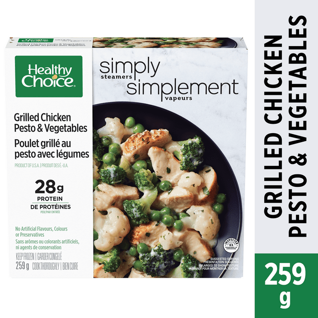 Healthy Choice Simply Steamers Grilled Chicken Pesto & Vegetables Frozen Dinner, Chicken with Broccoli, Cauliflower and Peas in Pesto Sauce, 28g of Protein, Frozen Dinner, 259g