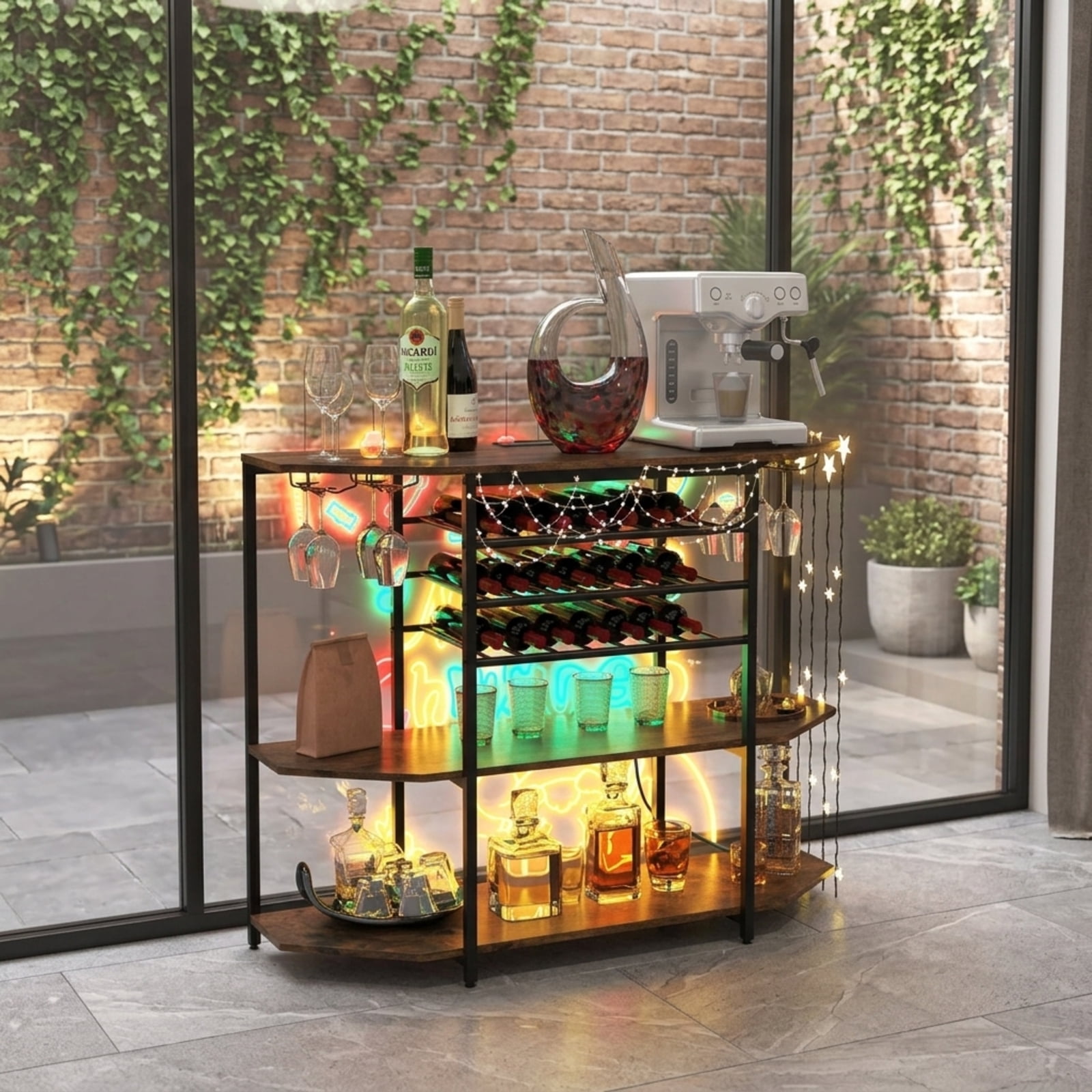 RUIE 3-Tier Wine Bar Cabinet with Storage Shelves, Coffee Bar Buffet Sideboard with Charging Station and Wine Rack for 21 Bottles, Brown