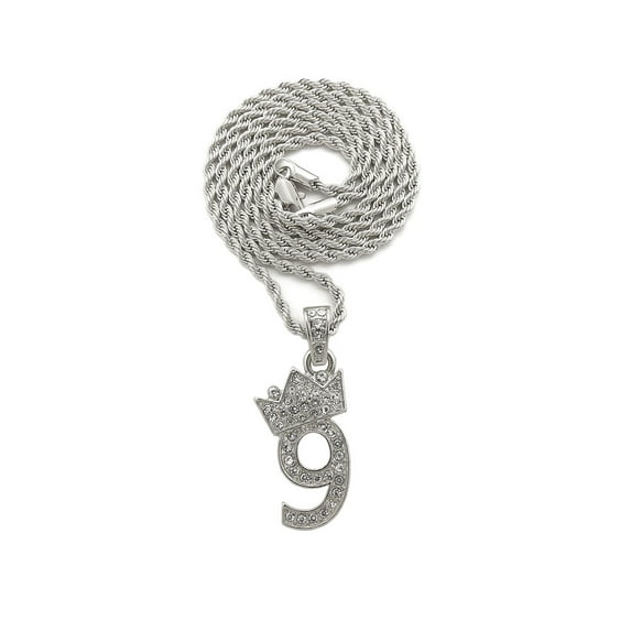 Stone Stud Tilted Crown Number Micro Pendant with 2mm Rope Chain Necklace, #9/Silver-Tone/18"