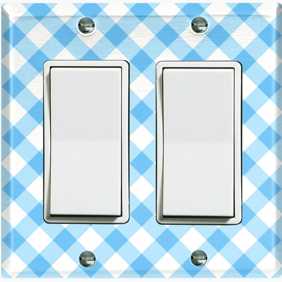 Metal Light Switch Wall Plate Outlet Cover (Sky Blue Gingham Picnic Wallpaper - Double Rocker)